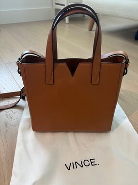 Vince Cognac Leather Handbag with V-Detail
